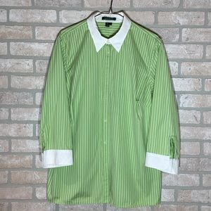 Lauren by Ralph Lauren Women’s Light Green/White Striped Button Down Blouse